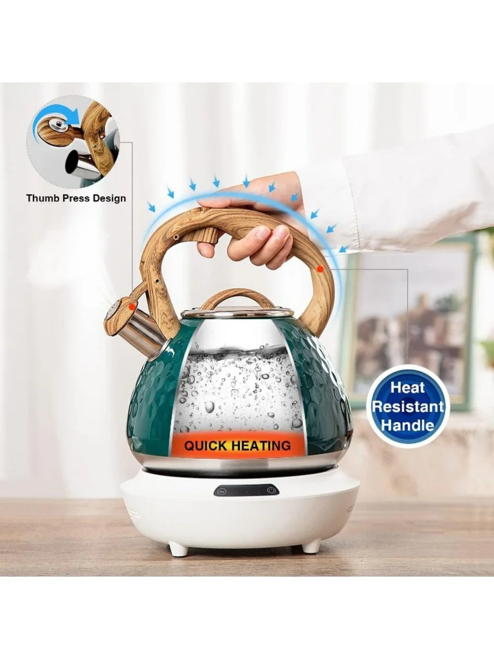 Green Kitchen Whistling Tea Kettle 2.7QT Stainless Steel Diamond Design Stovetop